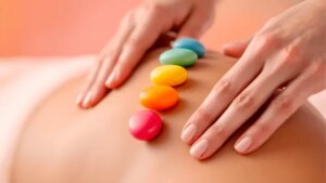 Massage des chakras avec Sophie Antille : pierres colorées alignées sur le dos pour équilibrer les chakras et harmoniser l’énergie