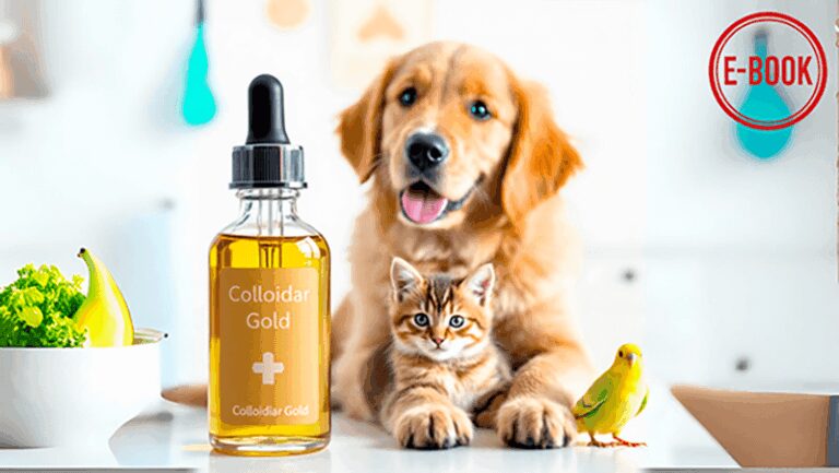 Fiole d’or colloïdal posée devant un chiot, un chaton et un oiseau, symbolisant l’usage possible du colloïde d’or en soutien au bien-être des animaux domestiques – illustration pour un e-book santé animale.