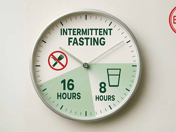 Illustration d’une horloge représentant un cycle de jeûne intermittent 16/8, avec 16 heures sans alimentation et 8 heures de fenêtre alimentaire – image extraite d’un e-book sur le jeûne.