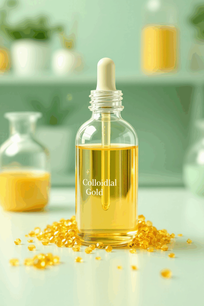 Flacon d’or colloïdal posé sur un tissu naturel, lumière dorée et ambiance apaisante