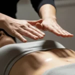 Praticien effectuant un soin énergétique LaHoChi par apposition des mains au-dessus du plexus solaire.