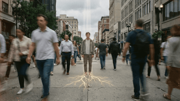 Thérapie énergétique : personne centrée dans une rue, symbolisant l’ancrage, l’énergie et l’alignement intérieur en couleur. Formation avec Eric Fleury