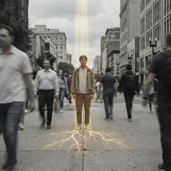 Thérapie énergétique : personne centrée dans une rue, symbolisant l’ancrage, l’énergie et l’alignement intérieur. Formation avec Eric Fleury