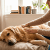 Femme pratiquant un massage myofascial doux sur un Golden Retriever détendu, allongé sur un lit dans un salon lumineux.