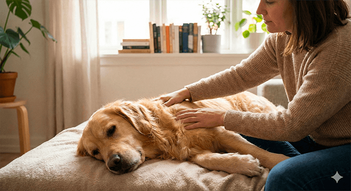 Femme pratiquant un massage myofascial doux sur un Golden Retriever détendu, allongé sur un lit dans un salon lumineux.