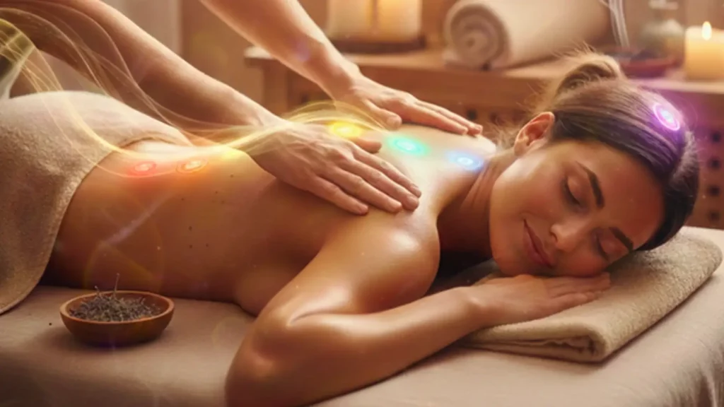 Femme recevant un massage du dos avec des lumières colorées représentant les chakras alignés sur sa colonne vertébrale.
