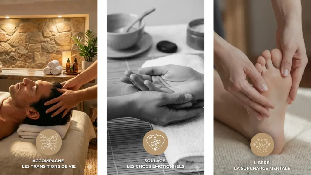 Triptyque montrant un massage crânien, un toucher réconfortant des mains et un massage des pieds, illustrant la libération des chocs émotionnels grâce au soin métamorphique.