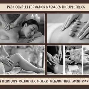 Vignette du pack de 4 formations massages : Californien, Chakras, Métamorphose et Amincissant.