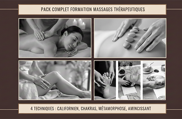 Vignette du pack de 4 formations massages : Californien, Chakras, Métamorphose et Amincissant.