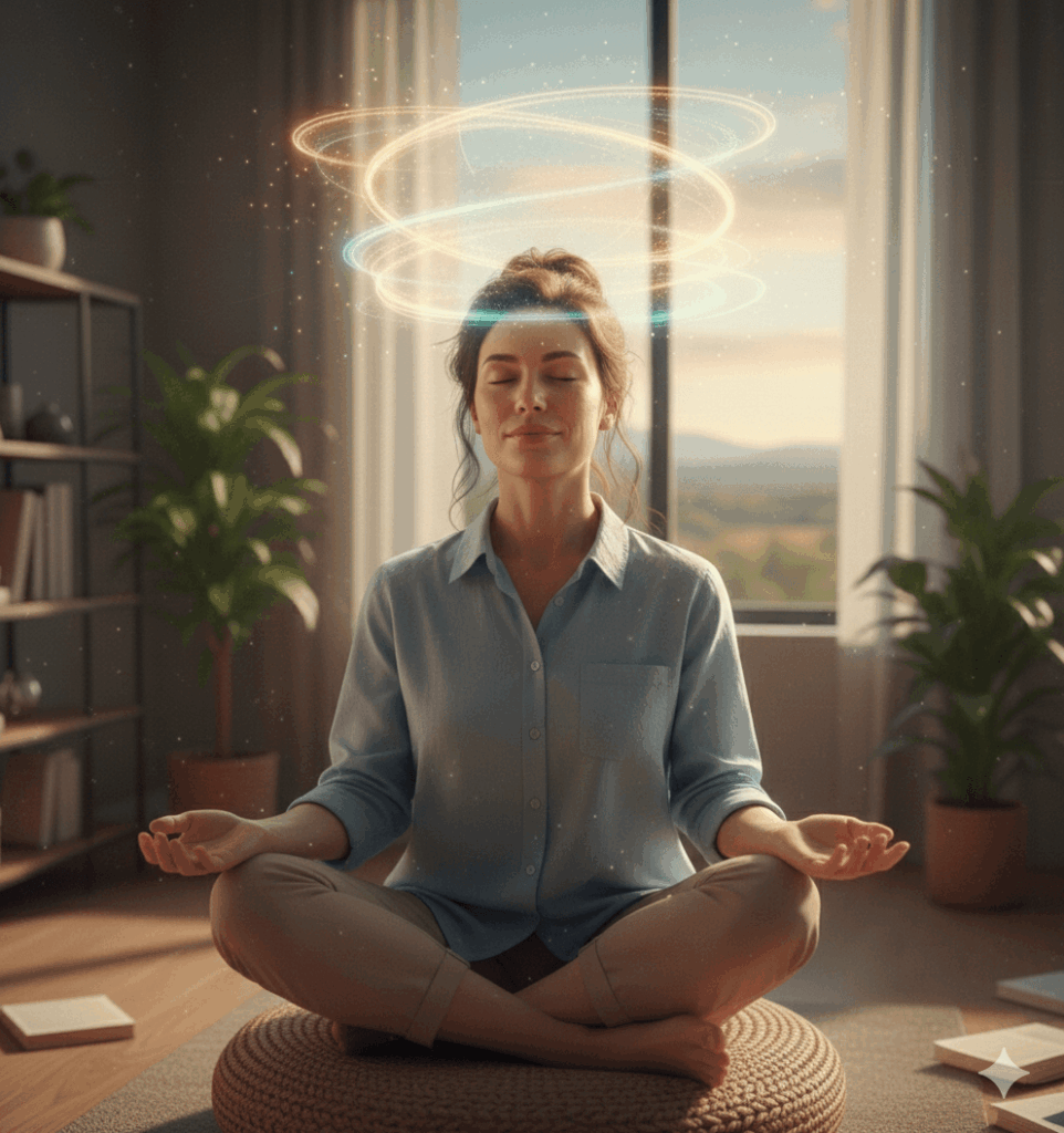 Une femme sereine pratiquant l'autohypnose méthode Dave Elman dans un salon lumineux, assise en tailleur avec des ondes lumineuses symbolisant le calme mental.