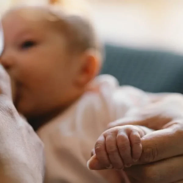 Bébé allaité tenant la main de sa mère illustrant le webinaire allaitement avec Sophie Antille
