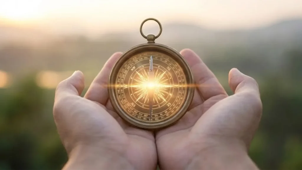 Cours en ligne d'autohypnose représenté par une boussole lumineuse dans des mains pour trouver son chemin intérieur.