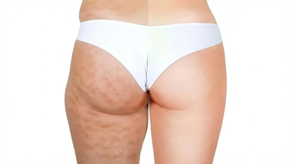 Comparaison visuelle avant-après montrant la réduction de la cellulite sur les fesses et les cuisses d'une femme, illustrant les résultats possibles de la formation en ligne massage amincissant et drainant.