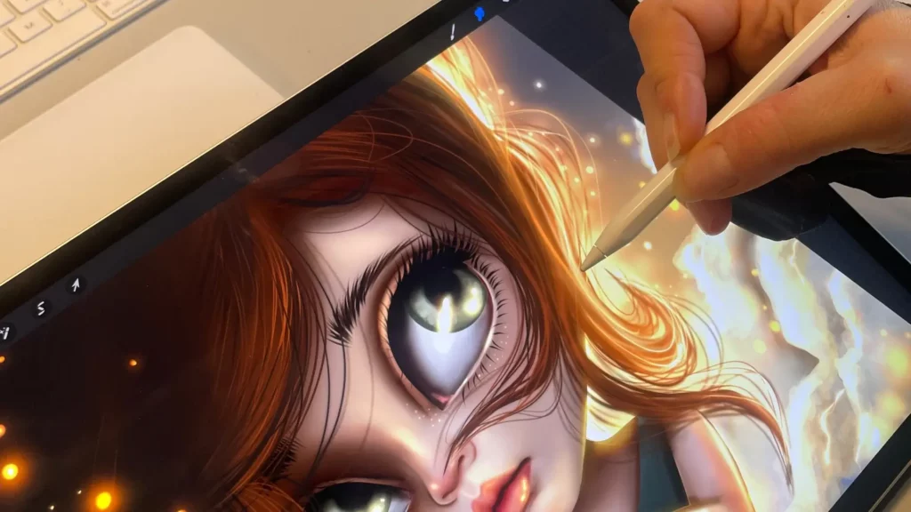 L'illustratrice experte Sylvie Roduit montre comment dessiner pour libérer ses émotions avec des traits rouges intenses exprimant la colère sur tablette numérique.