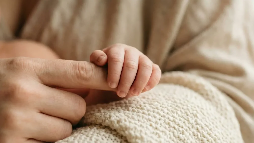 Bébé tenant le doigt de sa mère illustrant le langage silencieux des bébés avec Sophie Antille