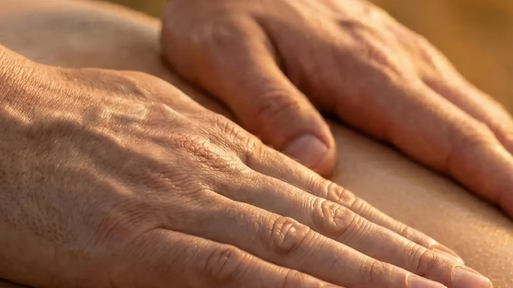 Gros plan de mains expertes pratiquant un massage californien relaxant sur un corps.