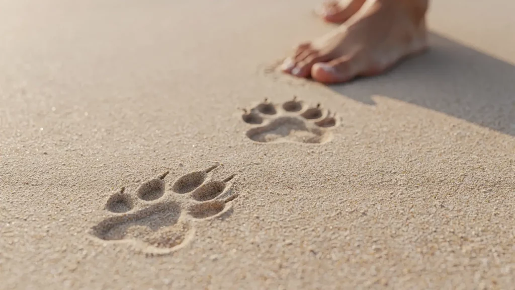 Traces de pattes de chien dans le sable menant vers des pieds humains, représentant le lien de confiance et le chemin vers le bien-être offerts par le massage pour chien.