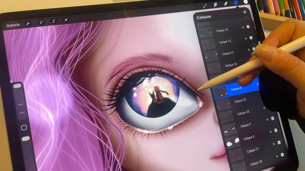 Art-thérapie: L'illustratrice Sylvie Roduit détaille sa technique numérique sur Procreate, montrant la gestion des calques pour dessiner un œil expressif contenant une scène onirique.
