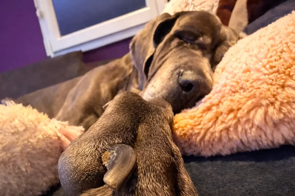 Chien détendu tenant une patte illustrant les bienfaits du massage canin avec Sophie Antille