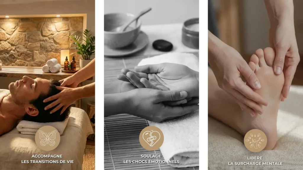 Massage métamorphique avec Sophie Antille : travail sur les pieds, les mains et la tête pour libérer les émotions et accompagner les transitions de vie