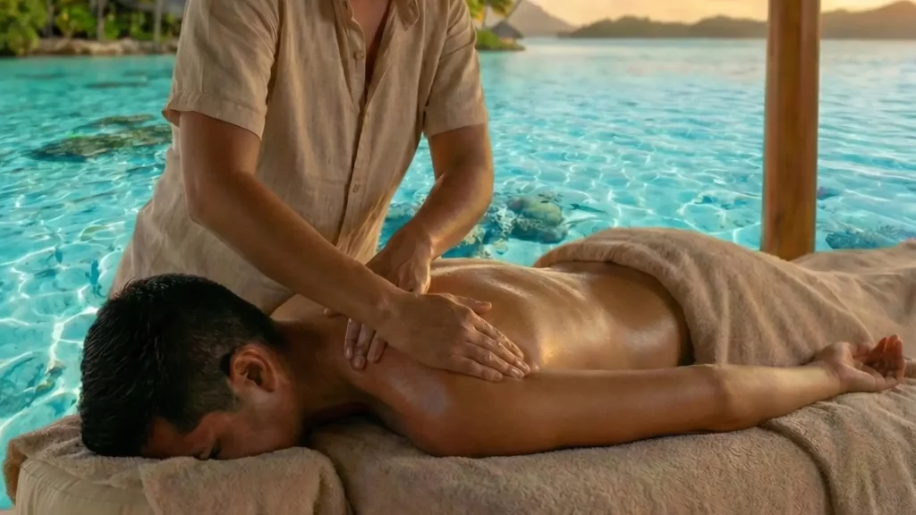 Massage californien réalisé en bord de mer lors d’une formation massage californien avec Sophie Antille