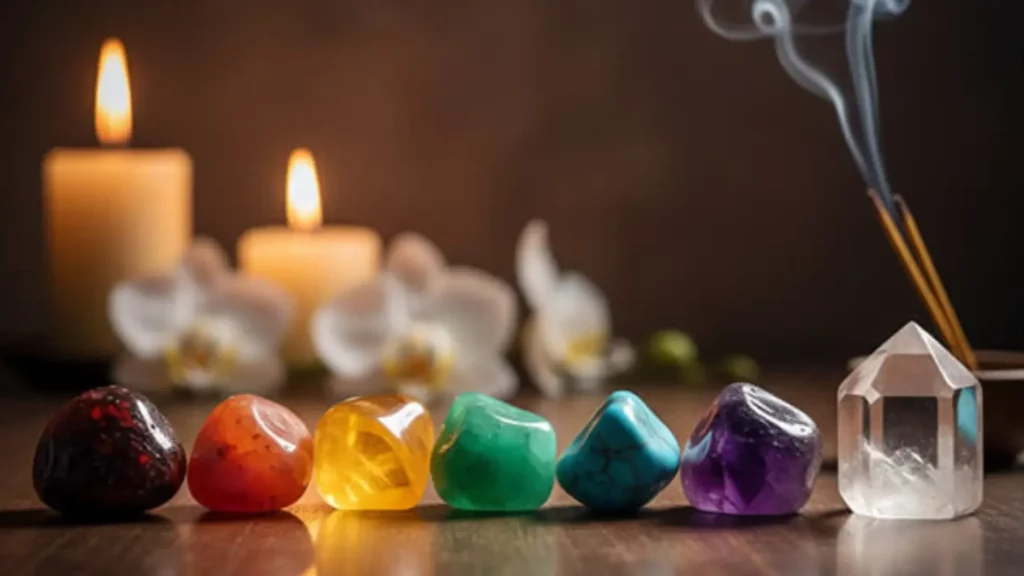 Massage des chakras avec Sophie Antille : pierres énergétiques alignées pour équilibrer les chakras et favoriser le bien-être